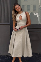 Linen Look Keyhole Neck Sleeveless Gathered Waist Flared Midi Dress