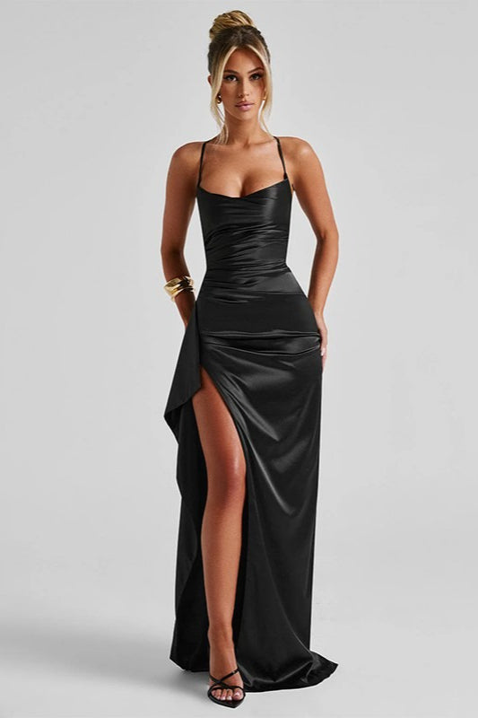 Satin Spaghetti Strap Ruched Drape High Split Bodycon Maxi Mini Dress