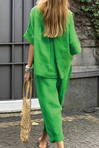 Half Sleeves Casual Pullover Top Wide Leg Pants Set