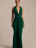 V-neck Halter Temperament Pleated Hip-hugging Big Backless Midi Dresses