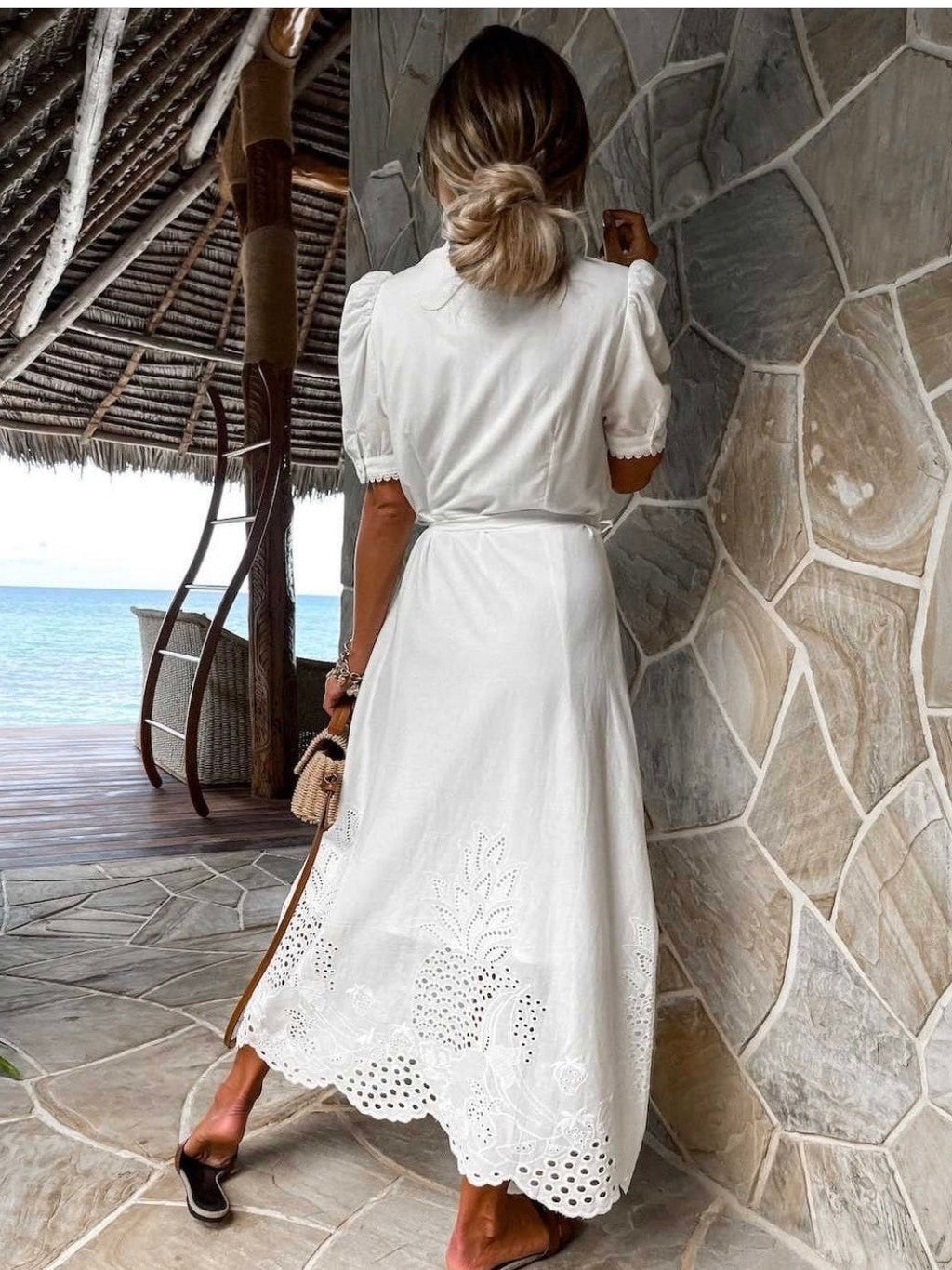 Hollow-out Short-sleeved Belted Long Dress
