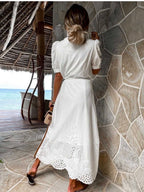 Hollow-out Short-sleeved Belted Long Dress