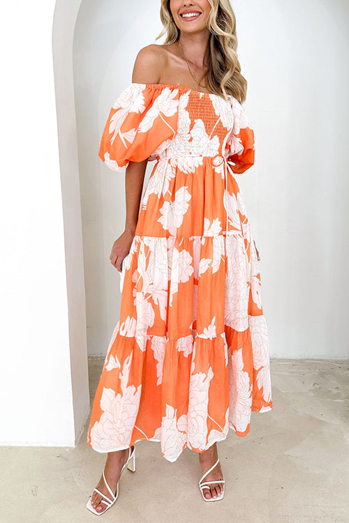 Off Shoulder Puff Sleeves Tiered Printed Midi Swing Dress