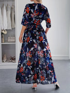 Printed Straps V-neck Short Sleeve Slit Maxi Dresses