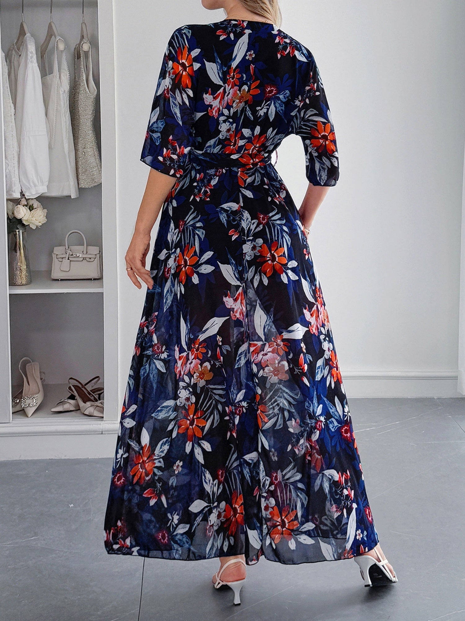 Printed Straps V-neck Short Sleeve Slit Maxi Dresses