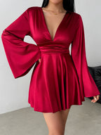 V-neck Long Sleeve Flared Sleeves Mini&Short Dresses