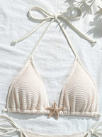 Solid Color Mesh Long Dress Starfish Swimsuit Bikini Three-piece Set