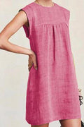 Ruched Short Sleeve Cotton Linen Babydoll Dress