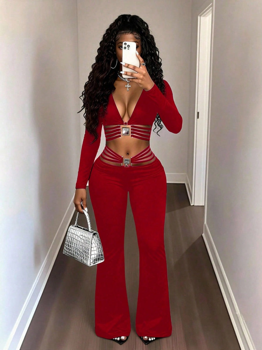 String Decoration Rhinestones Buttock Lift Bell-bottoms Stretch Pants