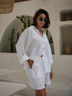 Pure Cotton Loose-fit Long-sleeved Shirt Loose Shorts Set 2-piece Sets