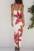Spaghetti Strap Back Slit Lily Print Bodycon Maxi Dress