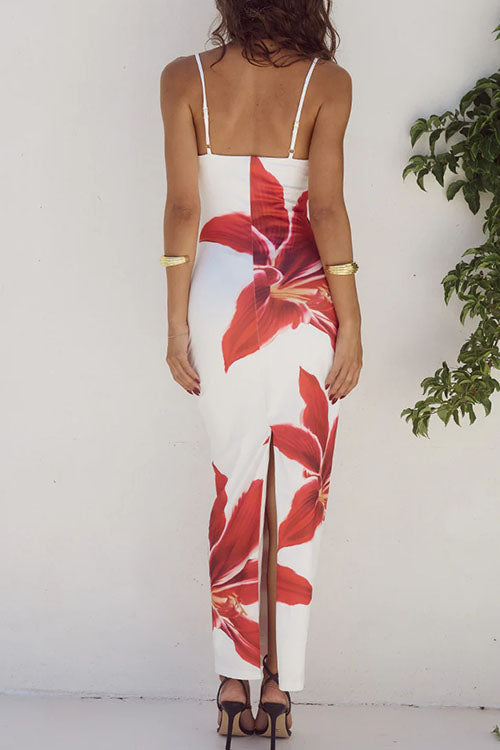 Spaghetti Strap Back Slit Lily Print Bodycon Maxi Dress