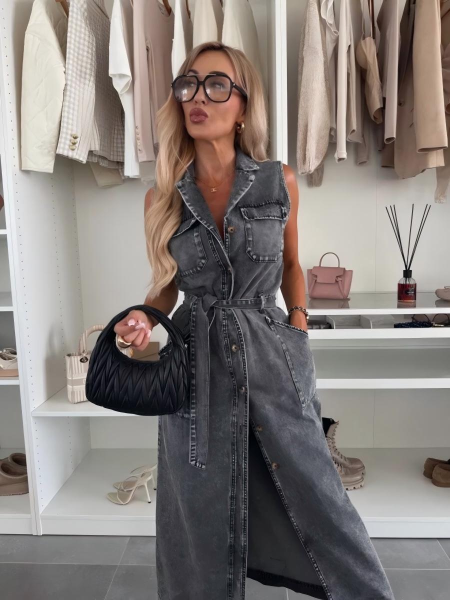 Sleeveless Tie-waist Single-breasted Denim Maxi Dress