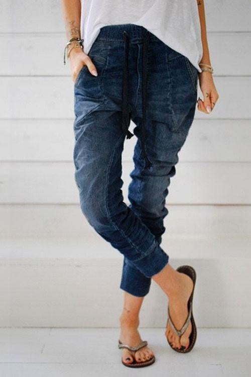 Drawstring Waist Ruched Harem Denim Joggers