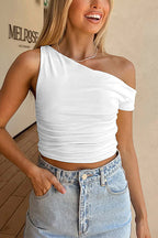 Asymmetrical Shoulder Ruched Crop Top