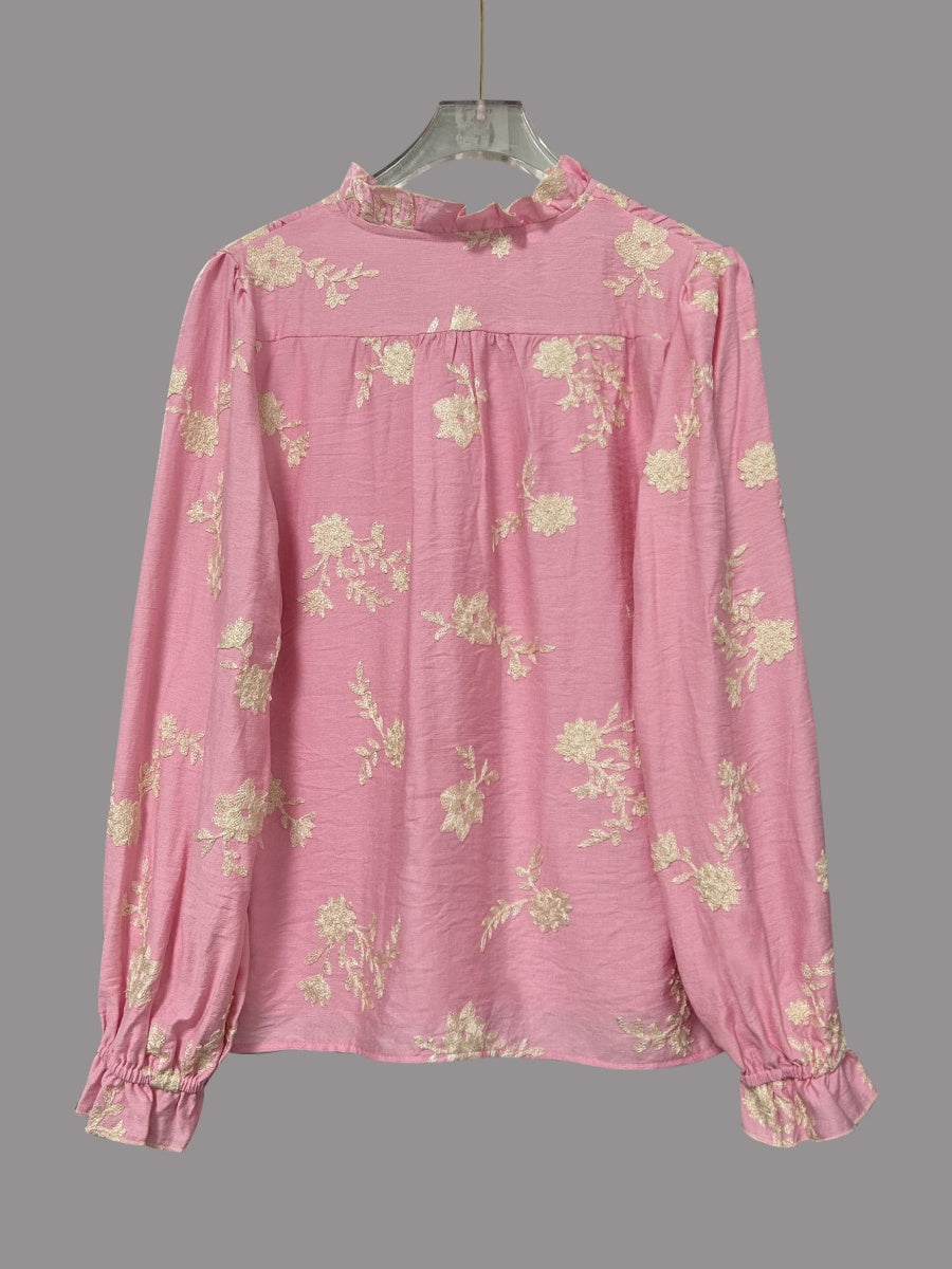 Floral Embroidery Color Block V-Neck Long-Sleeve Shirt