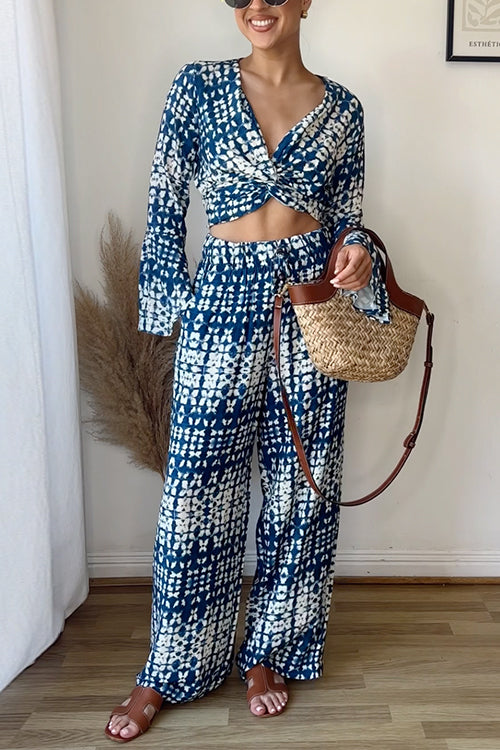 V Neck Bell Sleeves Twist Front Printed Crop Top
