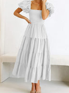 Square Neck, Backless, Puff Sleeve, Pleated Short-sleeved Long Dress