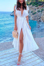 Ruffle Slit Lace Hollow Out Midi Vacation Dress