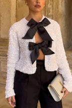 Long Sleeves Bow Knot Glitter Sequin Top
