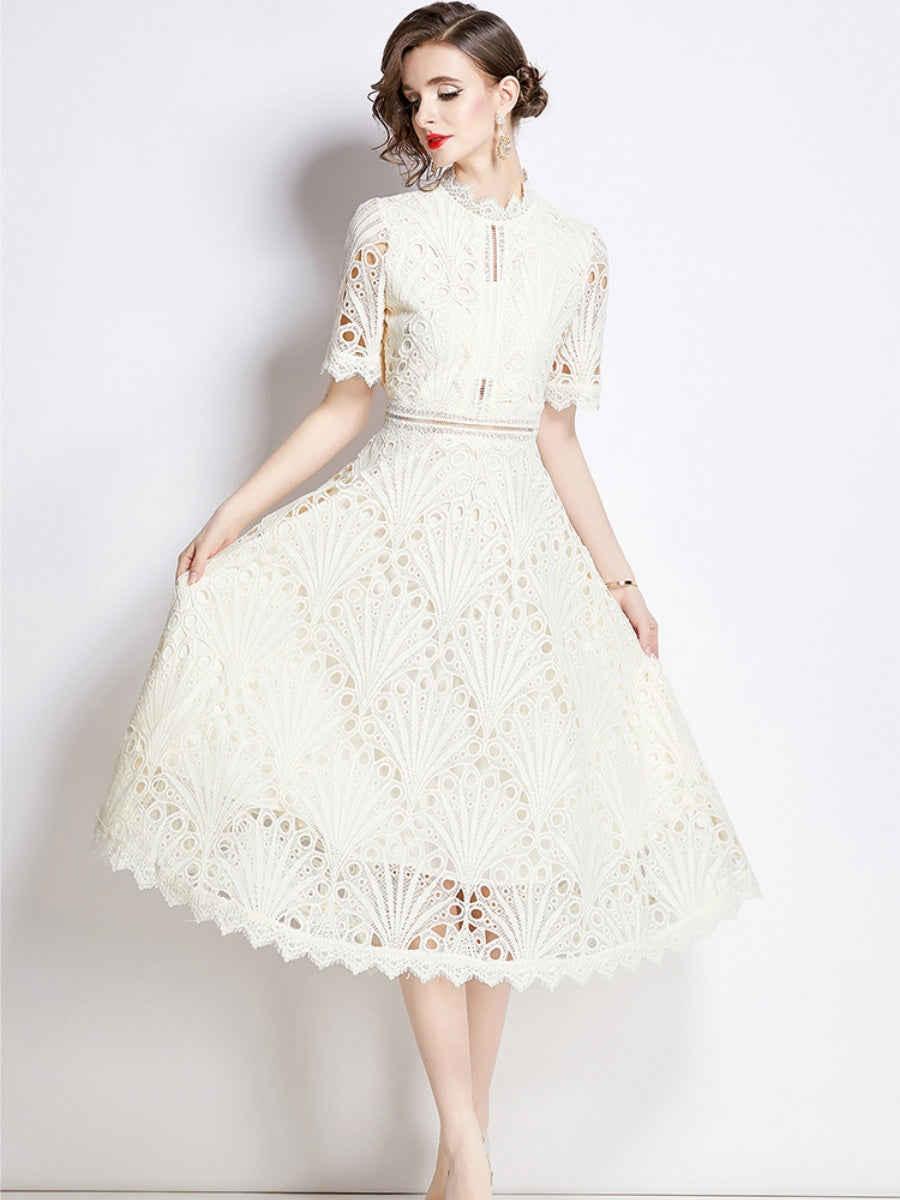 Crocheted Embroidered Lace Midi Dress