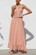 Frill Trim Bow Crop Cami Top and Ruffle Maxi Skirt Set