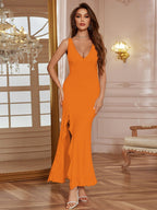 V-neck Ruffle Slit Maxi Dresses