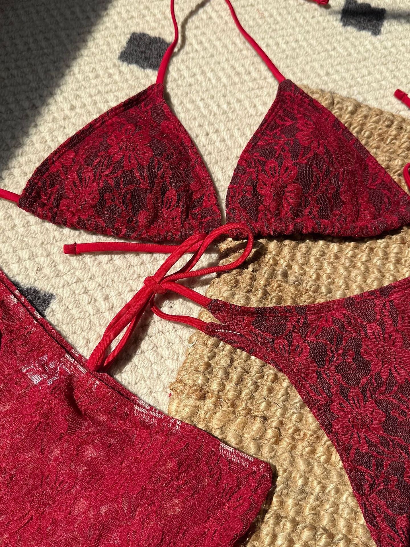 Sexy Lace Cutout Bikini Three-Piece Set For Beach