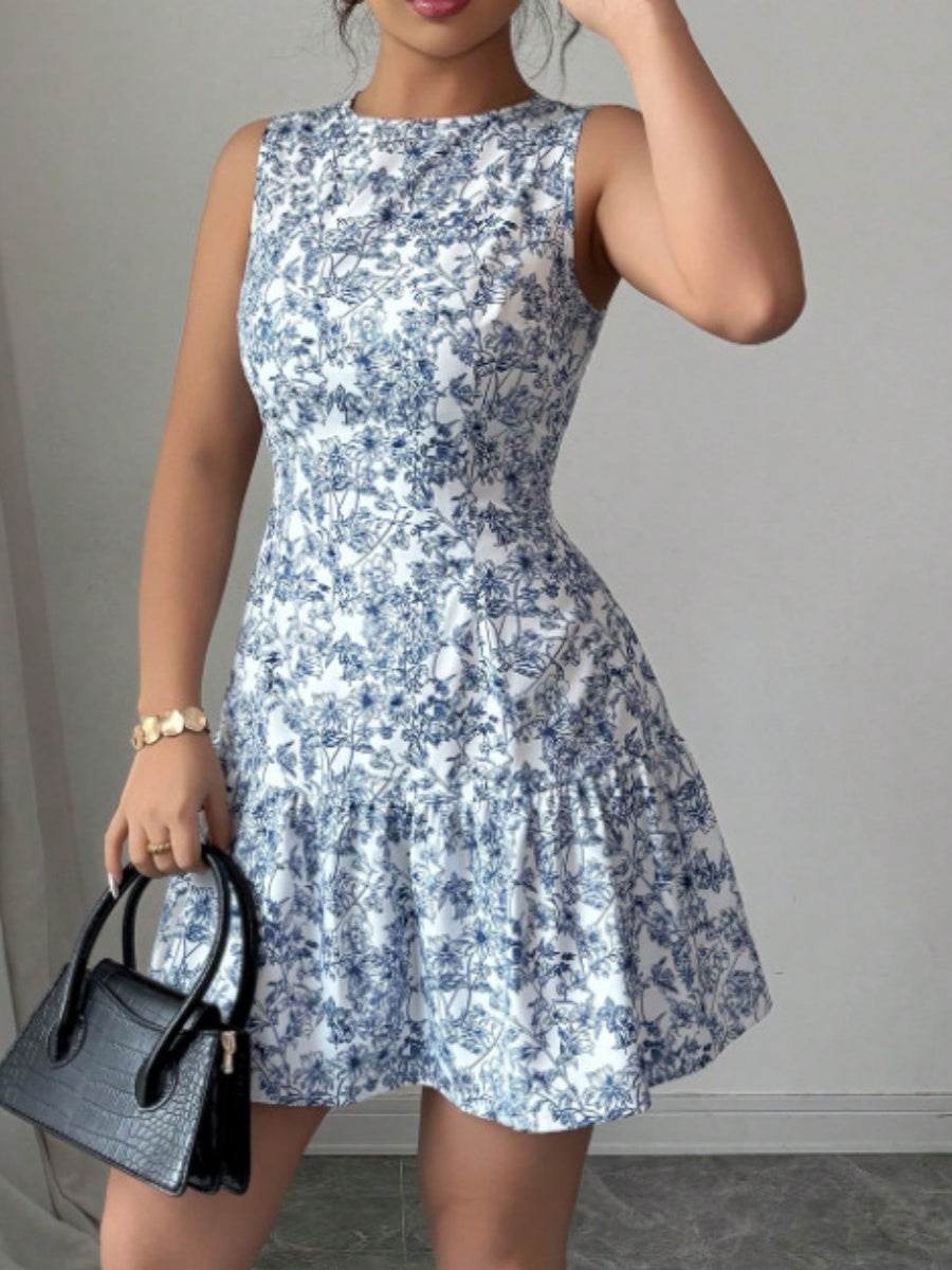 Bohemian Style French Elegance Floral Print Sleeveless Belted Short Dress