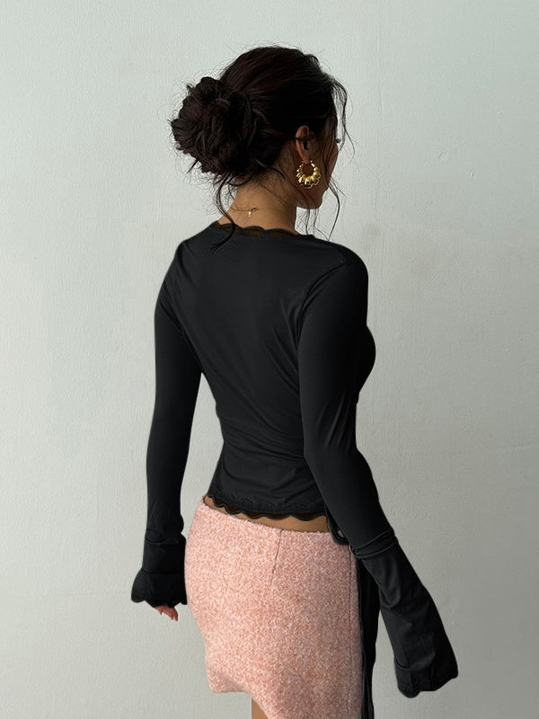 Lace-trimmed V-neck Tie-up Long Sleeves T-shirts