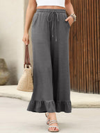 Women's Cropped Trousers With Ruffles, Thin, Loose-fitting, Casual Style