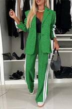 Patchwork Notch Lapel Pocketed Blazer Elastic Waist Wide Leg Pants Casual Set