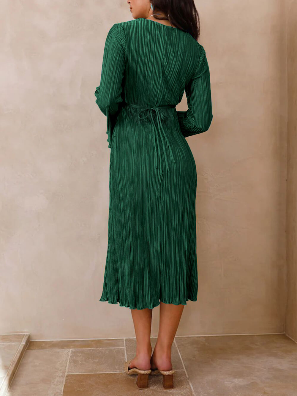 Lace-Up Plunging V-Neck Pleated Long Sleeve Empire Midi Dress