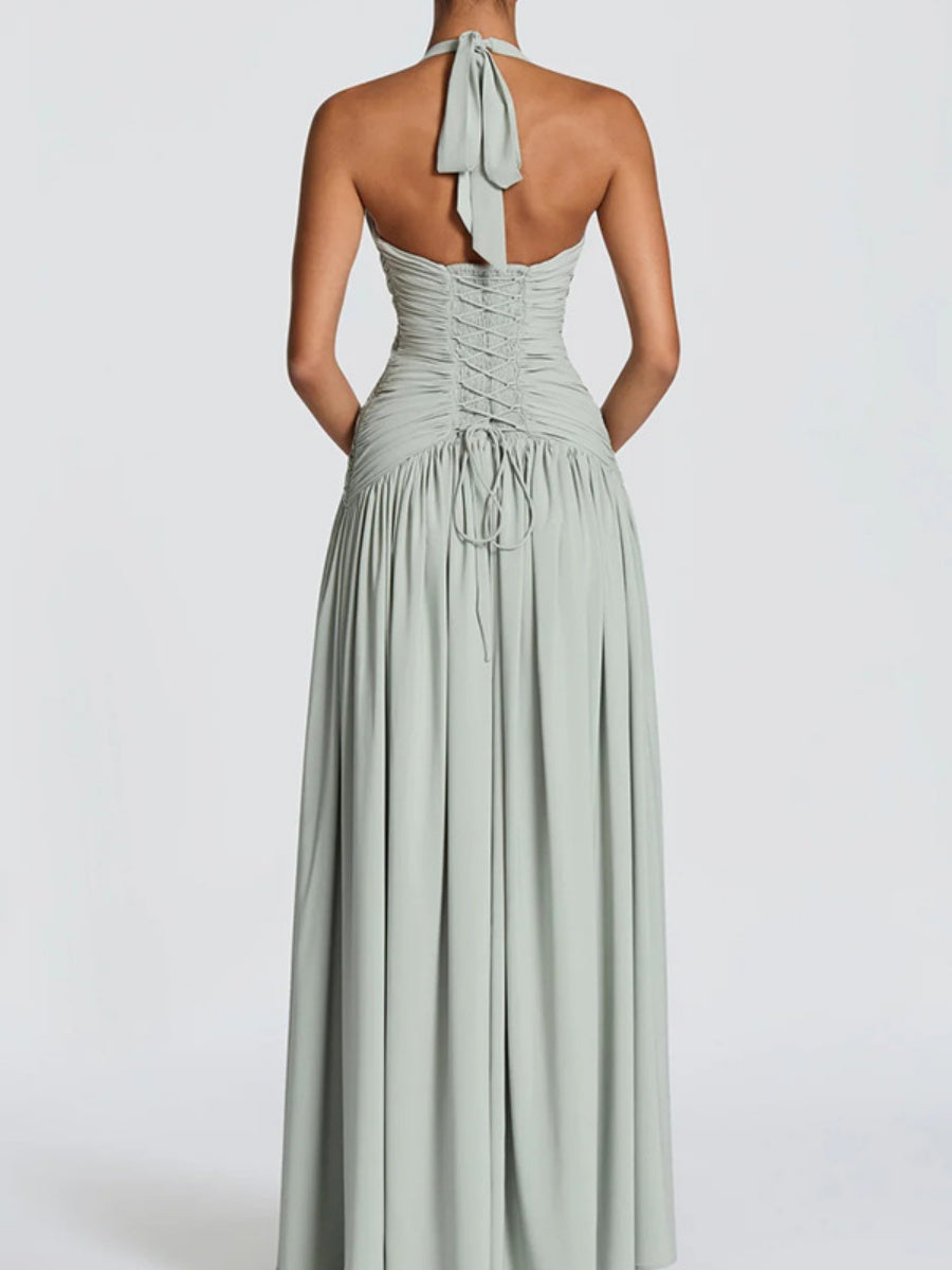 Deep V Halter Backless Maxi Dresses