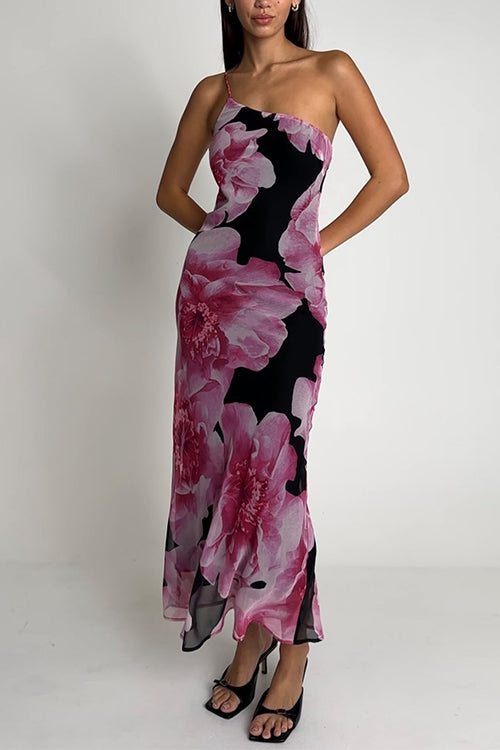 One Shoulder Cut Out Floral Print Maxi Cami Dress
