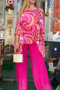 Printed Batwing Sleeves Irregular Top and Wide Leg Pants Chiffon Set