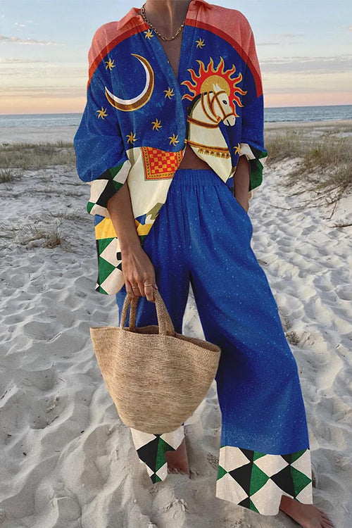 Tropic Print Button Down Blouse Shirt Elastic Waist Wide Leg Pants Vacation Set