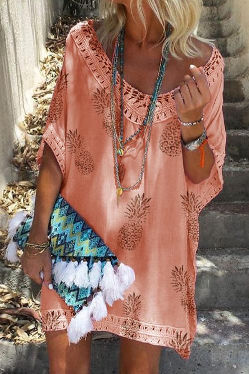 V Neck Hollow Out Pineapple Printed Batwing Beach Dress