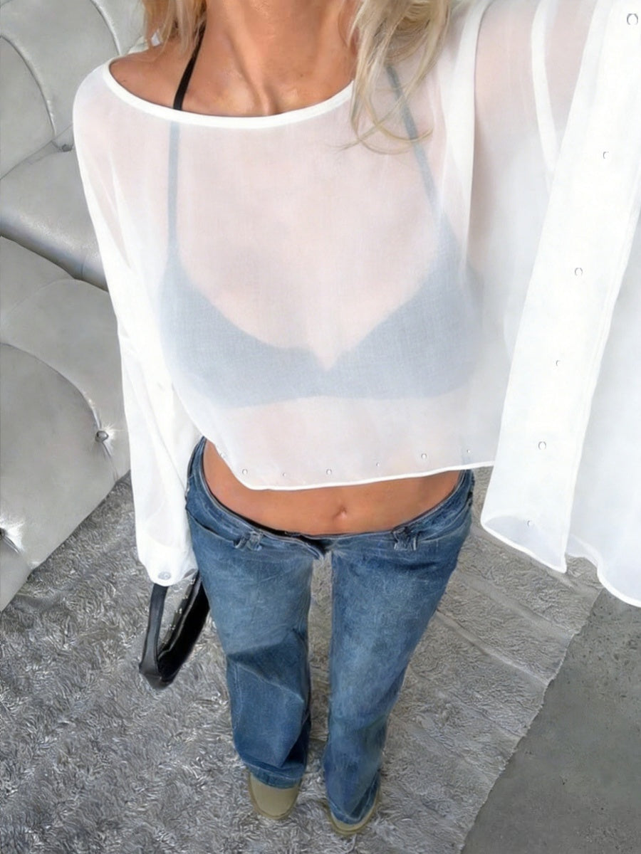 Solid Color T-shirt With Pearl Design