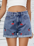Embroidered Cherry Denim Shorts