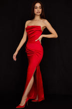 Strapless Cowl Neck Ruched Satin High Slit Maxi Dress
