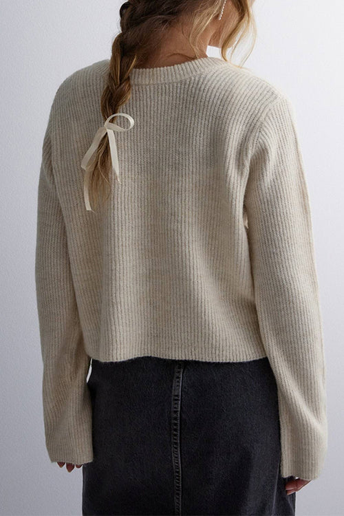 Crewneck Bow Knot Ribbed Knit Sweater