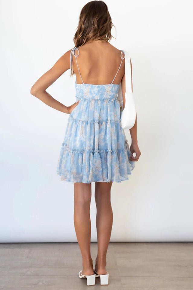 Tie Shoulder Floral Print Tiered Ruffle Mini Dress