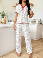 Heart-print V-neck Short-sleeved Trousers Loungewear Set