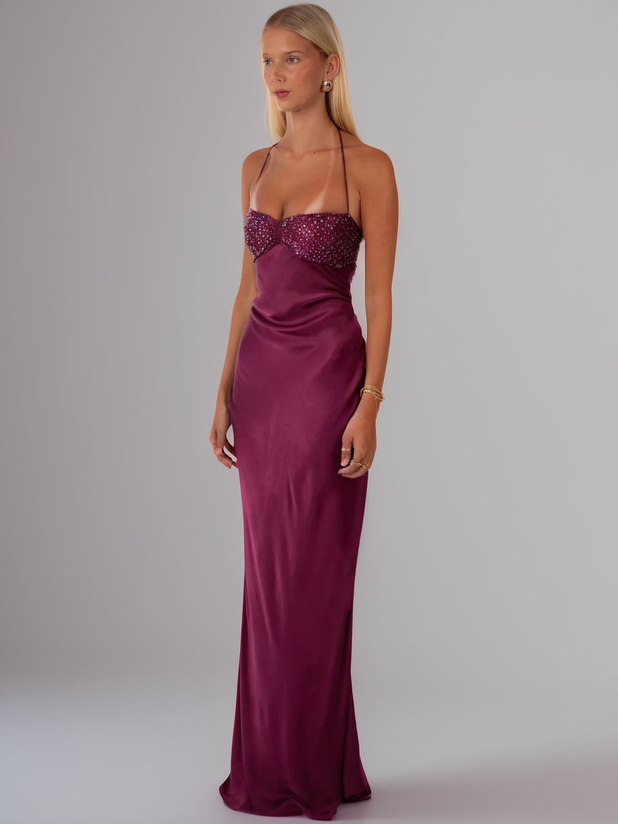 Strapless Sequined Satin Backless Tie-waist Bodycon Maxi Dress