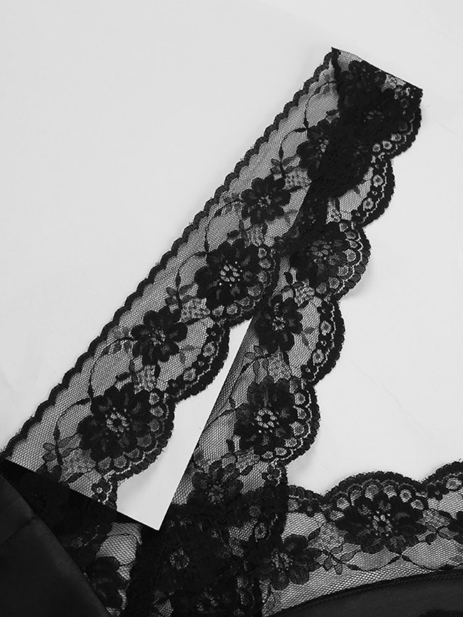 Black Sexy Hollowed-out V-neck Lace Trim Fishtail Long Dress