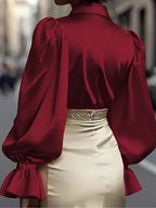 Puff Sleeve Long-sleeved Collared Satin Shirt