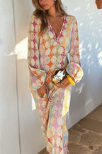Adriana Premium V Neck Lantern Sleeves Geometric Print Maxi Dress Designer Edit