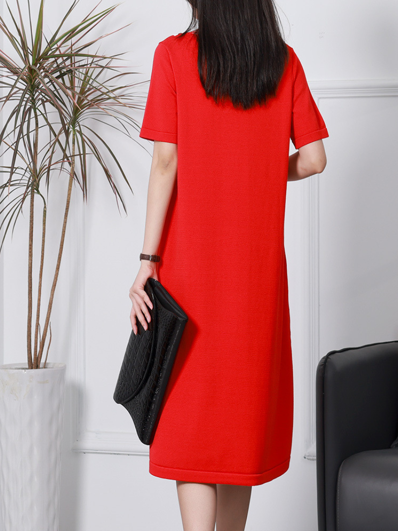 Short-sleeved V-neck Linen Knitted Midi-Dress