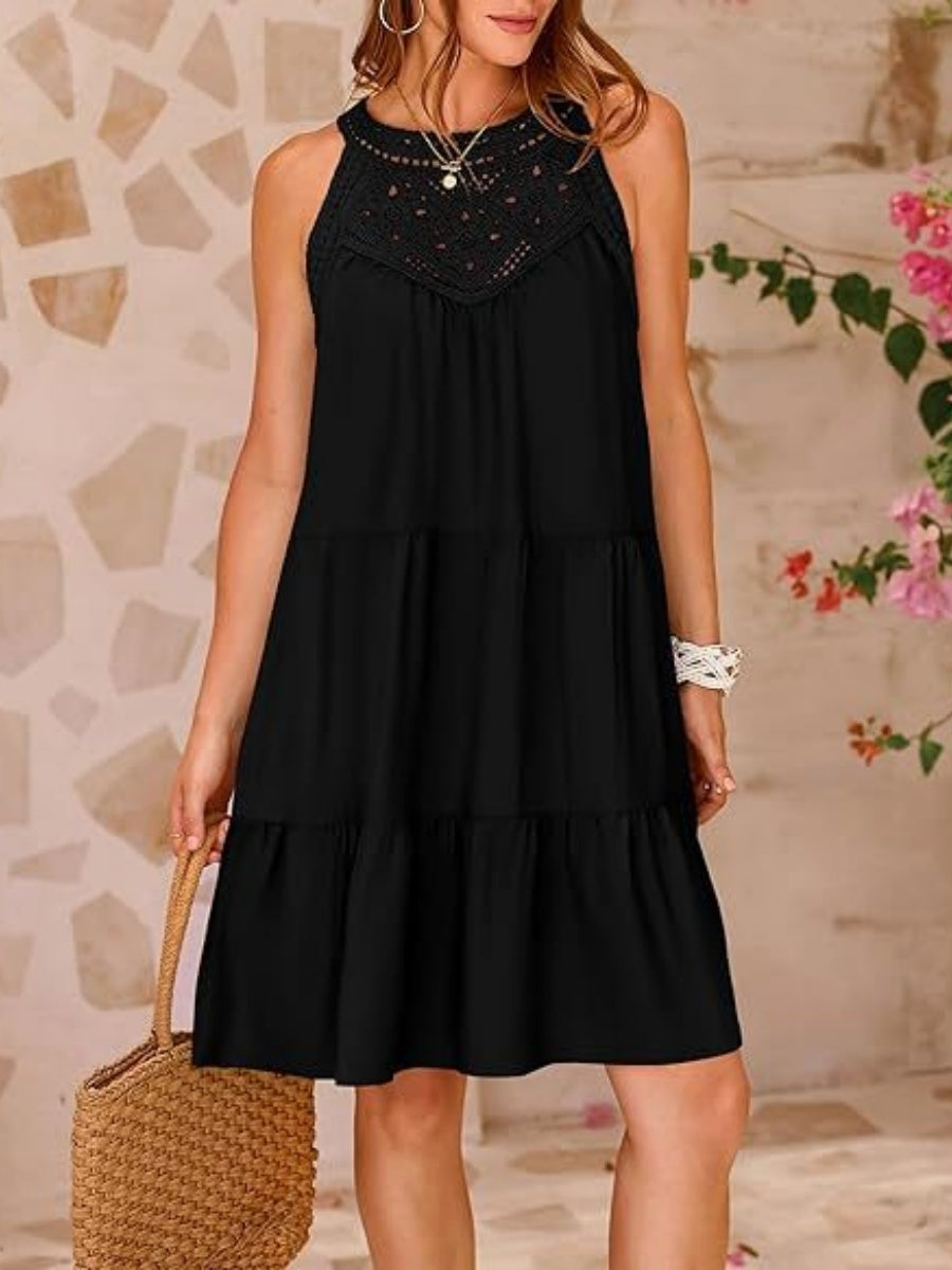 A-line Short Dress With Hollowed-out Lace Trim And Halter Neck
